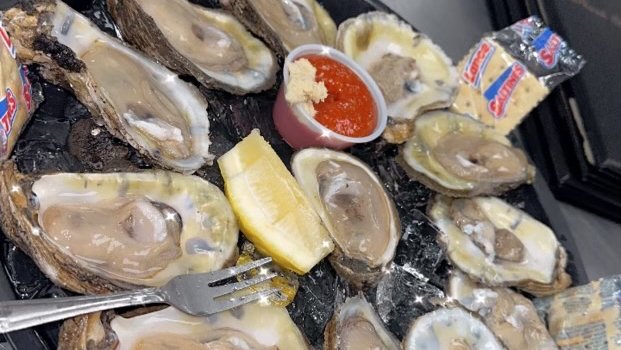 Oysters served in an easygoing dining room.