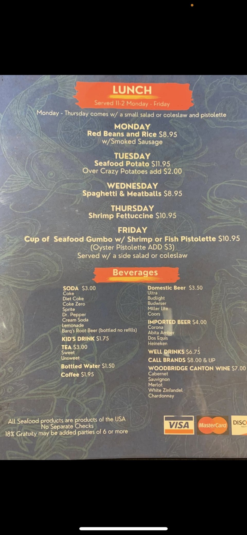 Printed menu for starters and seafood dishes.