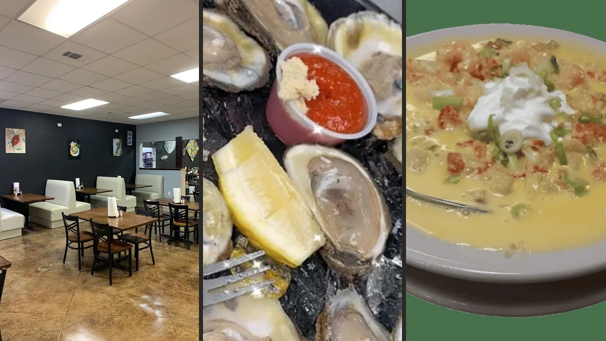 Seafood plates on a casual restaurant table.