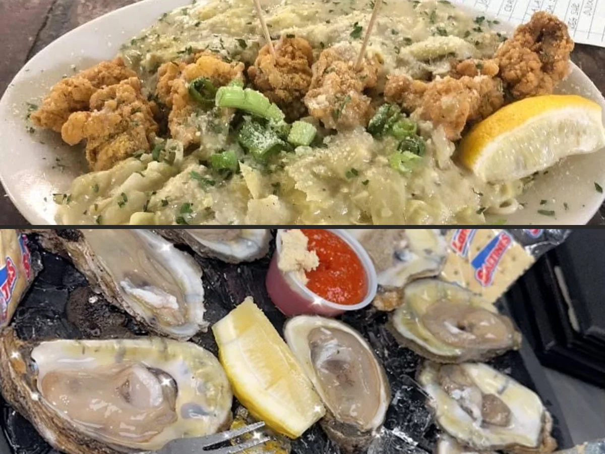 Seafood plates on a casual restaurant table.