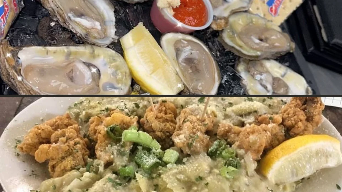 Seafood plates on a casual restaurant table.